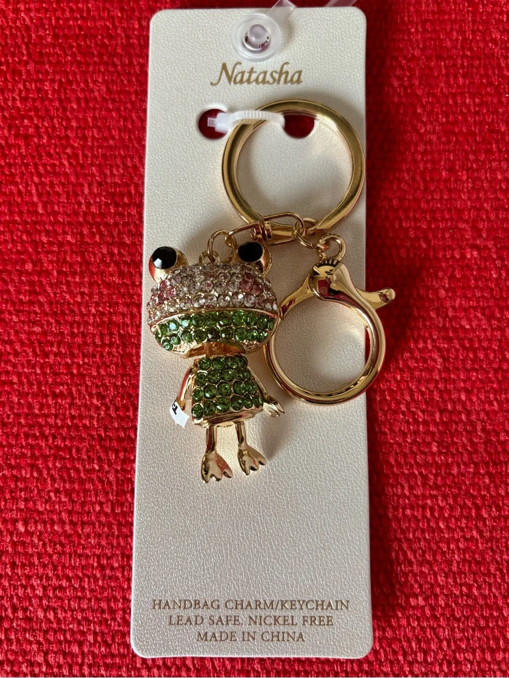 NATASHA Gold Frog Crystal Keychain - Green & Pink, brand new
